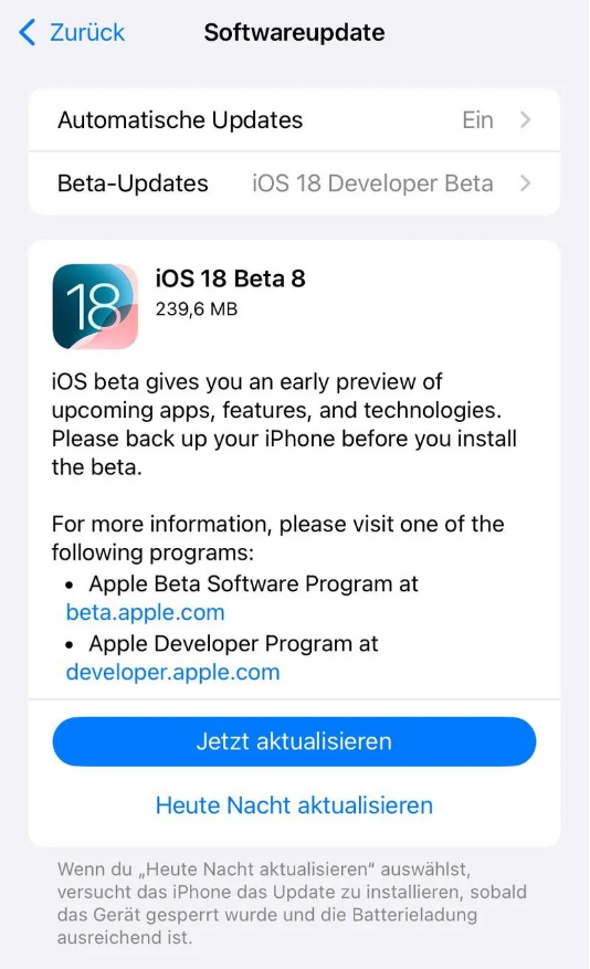 铜川苹果手机维修分享苹果 iOS / iPadOS 18 开发者预览版 Beta 8 发布 